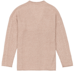 Beige sweater with cable knit pattern on a white background