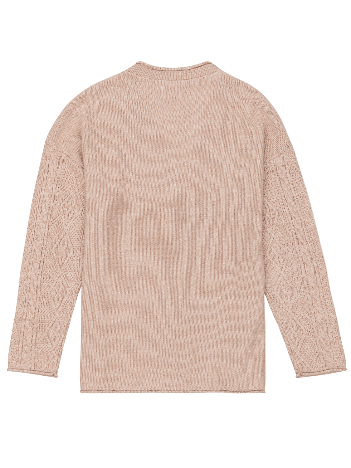 Beige sweater with cable knit pattern on a white background