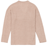 Beige sweater with cable knit pattern on a white background