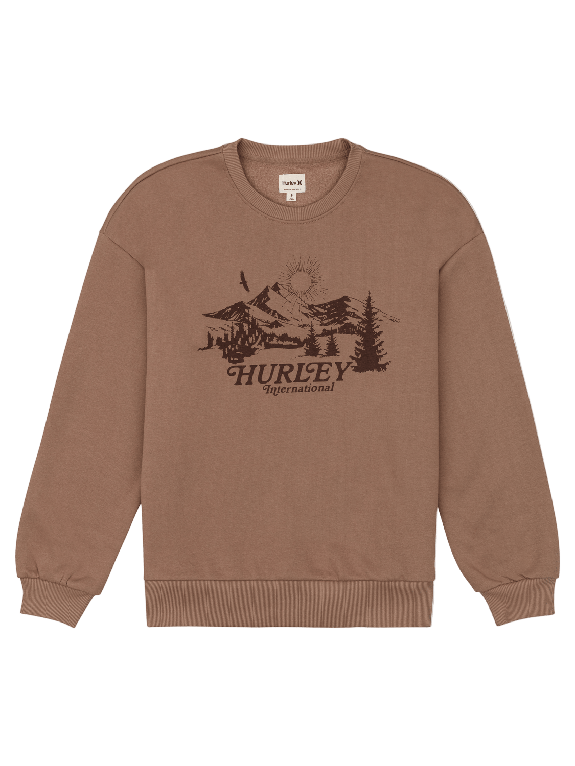 Brown sweatshirt with a graphic design and 'Hurley' branding on a white background