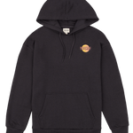 Black hoodie with a logo on the chest against a white background