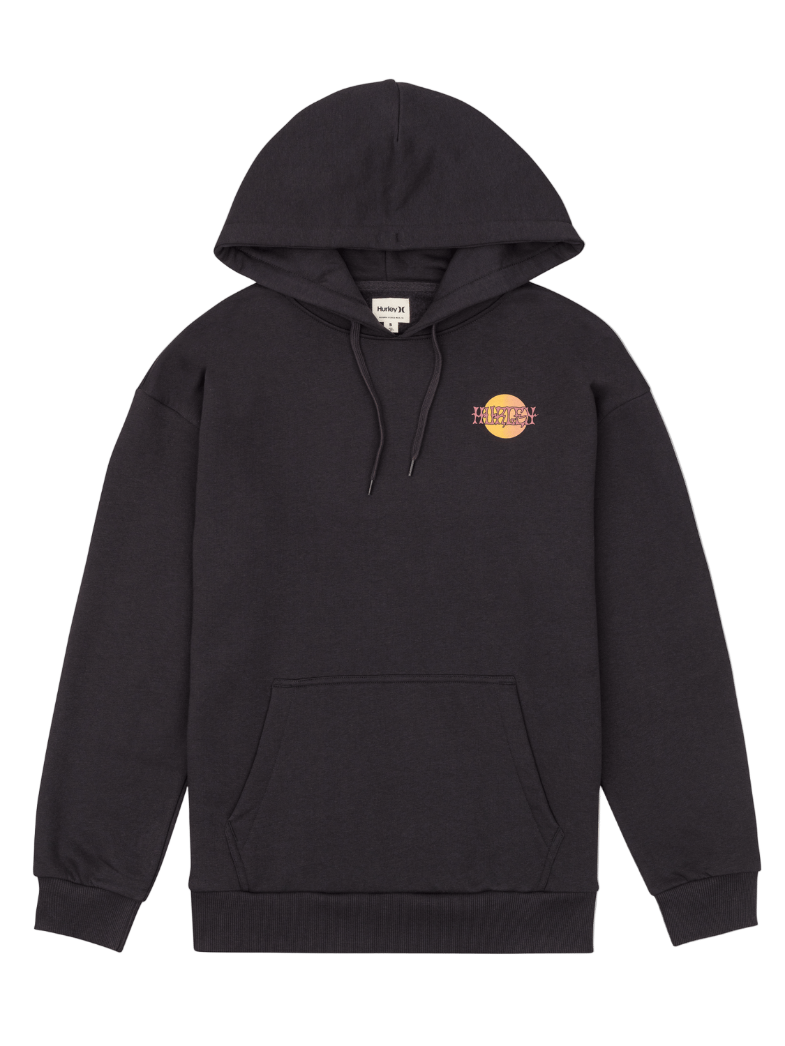 Black hoodie with a logo on the chest against a white background