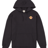 Black hoodie with a logo on the chest against a white background