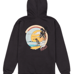 Black hoodie with a colorful graphic on the back featuring a beach scene.