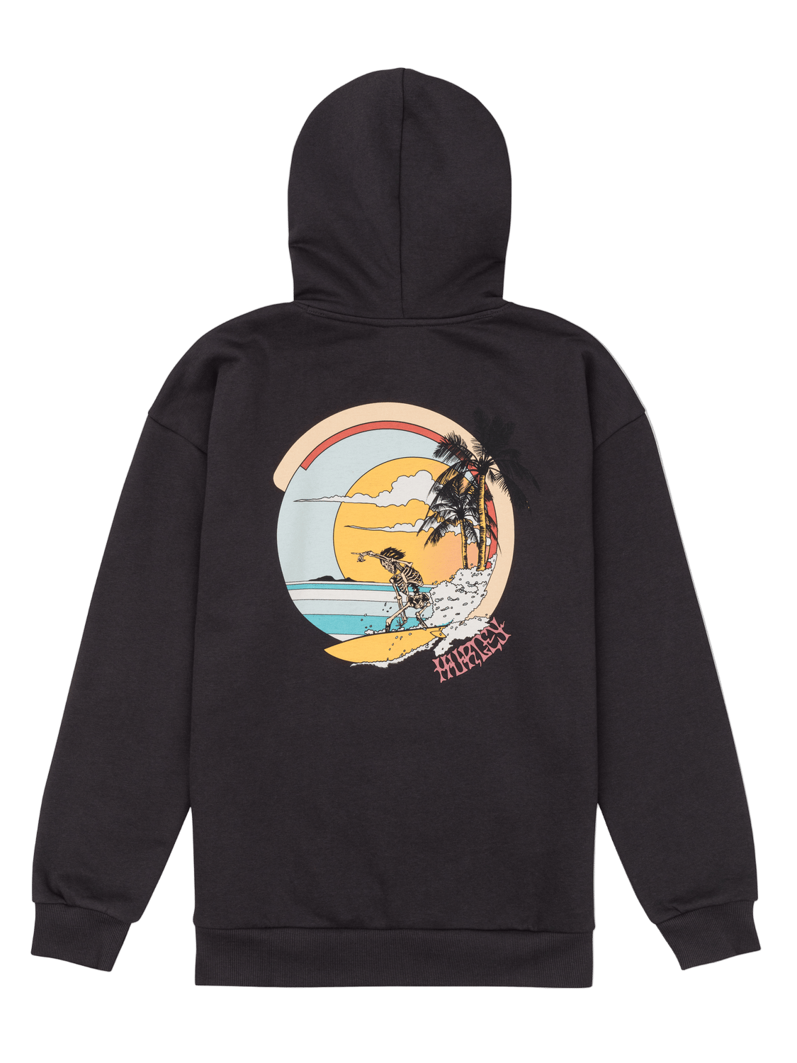 Black hoodie with a colorful graphic on the back featuring a beach scene.