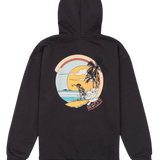 Black hoodie with a colorful graphic on the back featuring a beach scene.