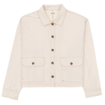 Beige jacket with button details on a white background