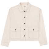Beige jacket with button details on a white background