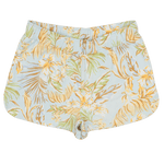 Tropical leaf patterned shorts on a white background