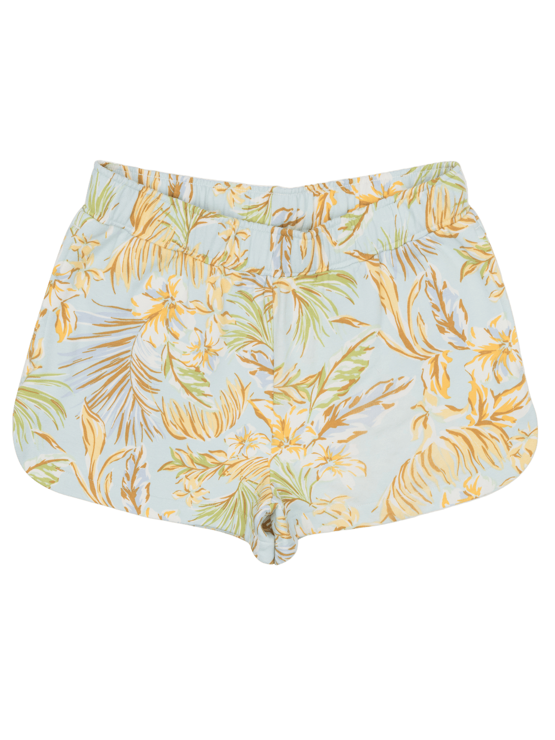 Tropical leaf patterned shorts on a white background