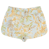 Tropical leaf patterned shorts on a white background
