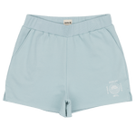 Light blue shorts with a brand logo on a white background