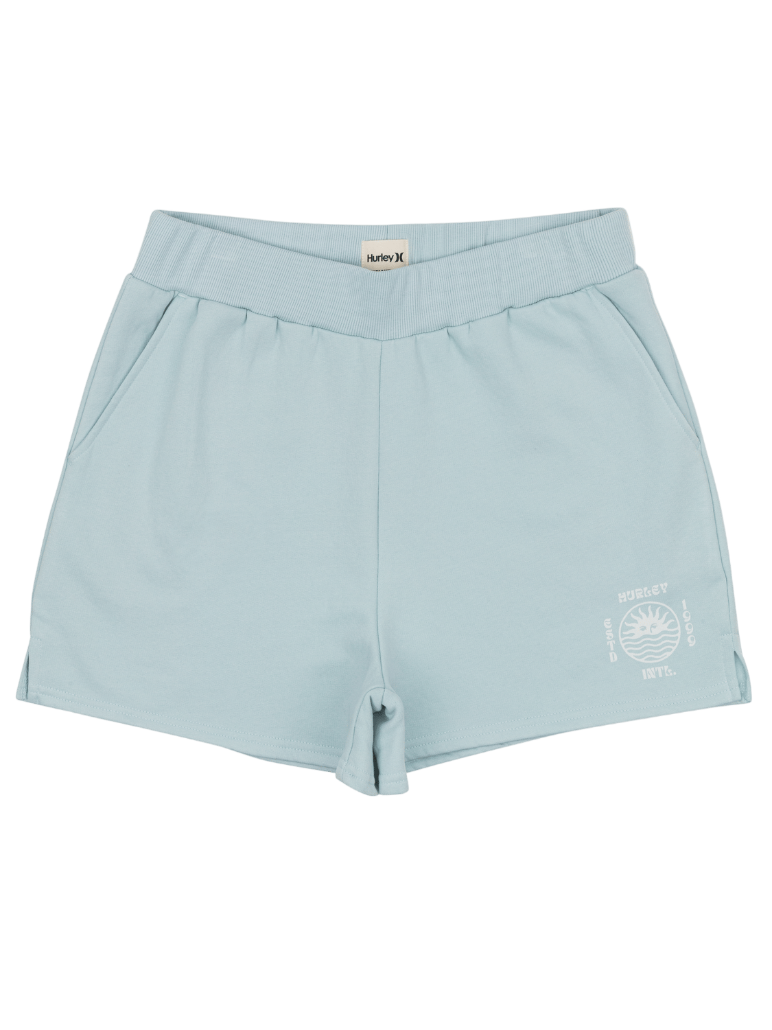 Light blue shorts with a brand logo on a white background