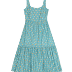 Teal dress with floral pattern on a white background
