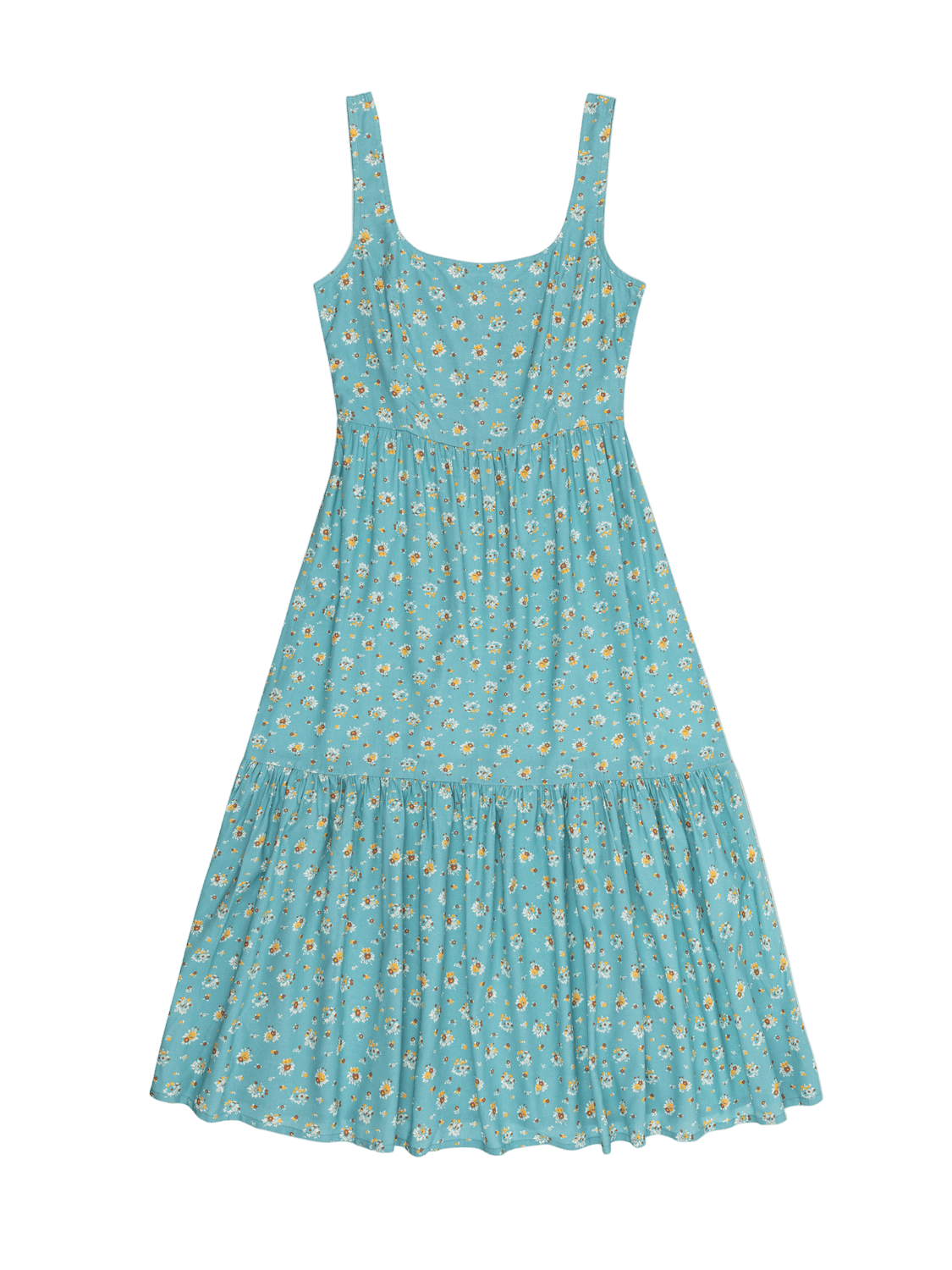 Teal dress with floral pattern on a white background