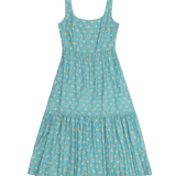Teal dress with floral pattern on a white background