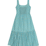 Teal dress with floral pattern on a white background