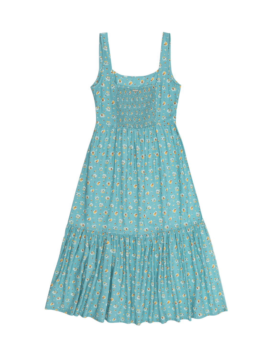 Teal dress with floral pattern on a white background