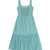 Teal dress with floral pattern on a white background