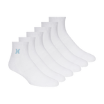 Set of six white ankle socks with a small logo on a white background
