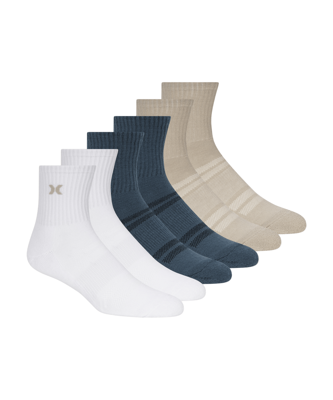 Set of six socks in white, blue, and beige on a white background