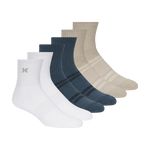 Set of six socks in white, blue, and beige on a white background