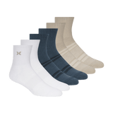 Set of six socks in white, blue, and beige on a white background