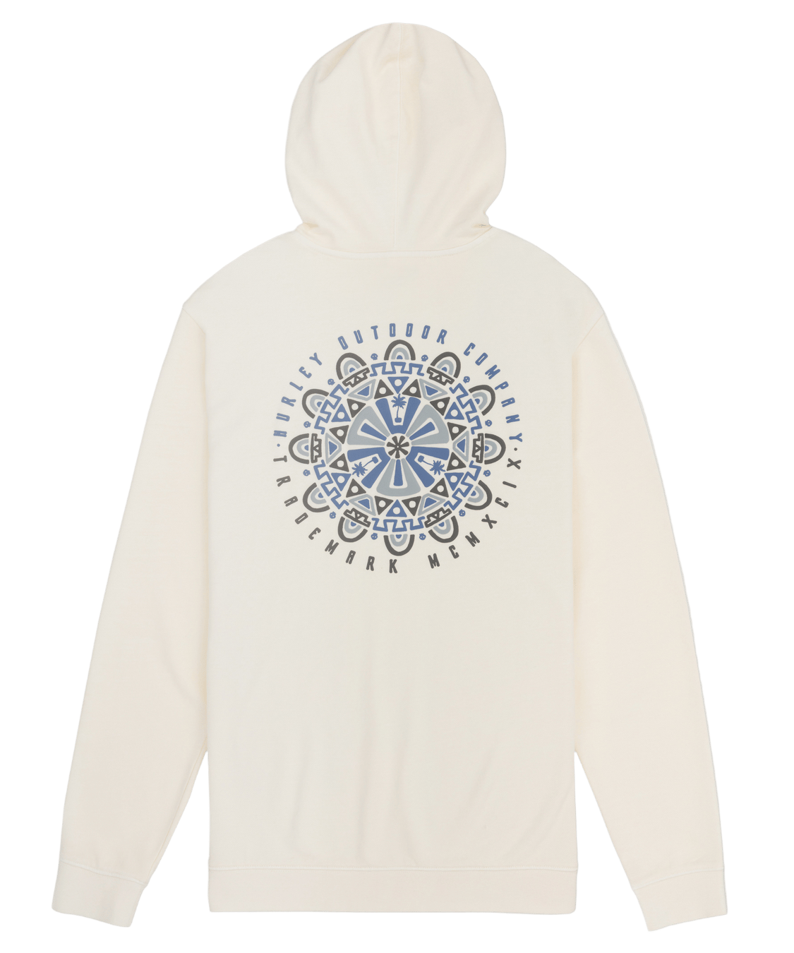White hoodie with a blue and black mandala design on a white background