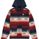Hoodie with red, blue, and white pattern on a white background