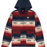 Hoodie with red, blue, and white pattern on a white background