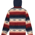 Hoodie with a geometric pattern in red, blue, and beige on a white background