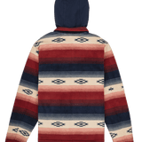 Hoodie with a geometric pattern in red, blue, and beige on a white background