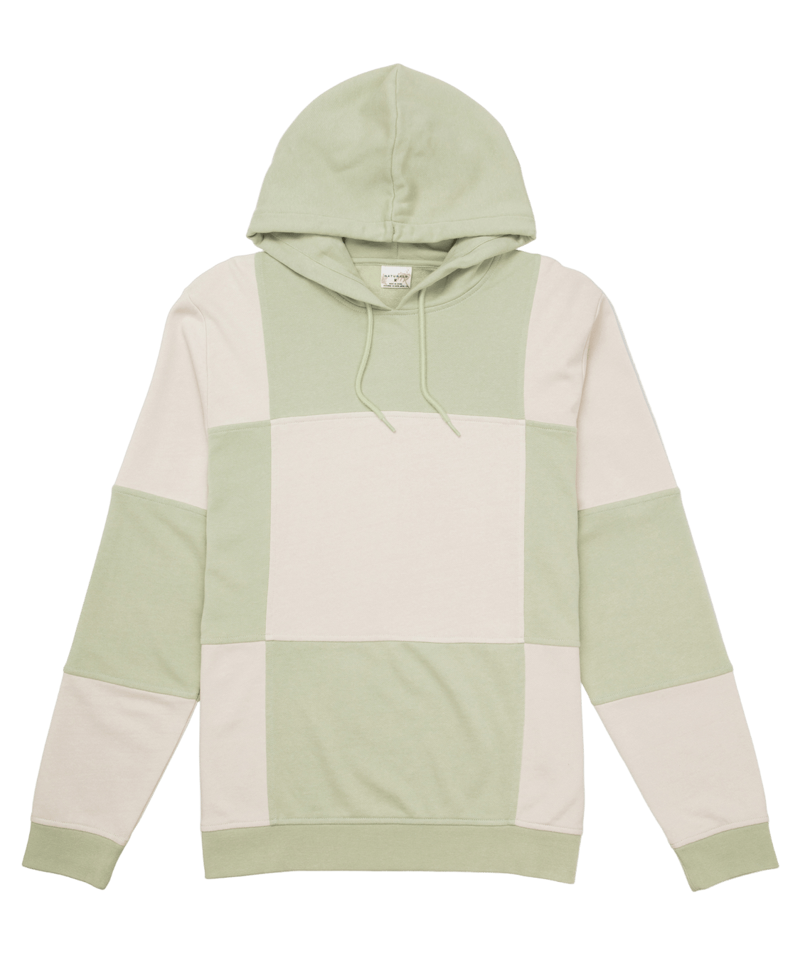 Green and beige color-blocked hoodie on a white background