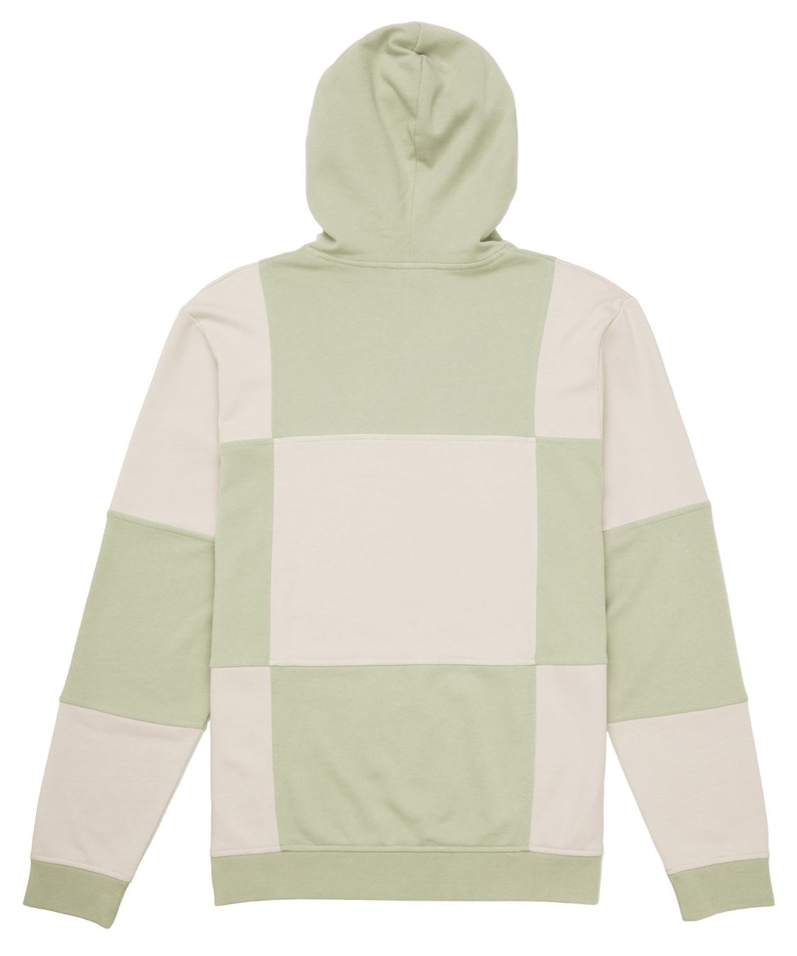 Green and beige patchwork hoodie on a white background