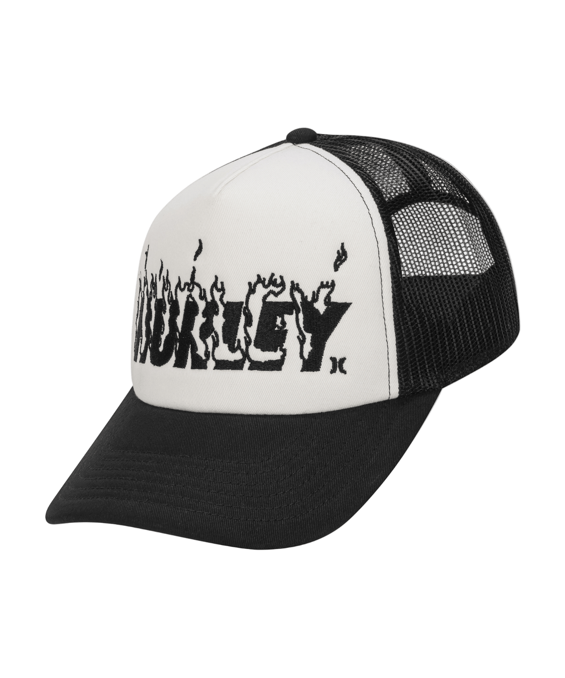 Black and white cap with a brand logo on a white background