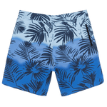 Blue swim shorts with black palm leaf pattern on a white background