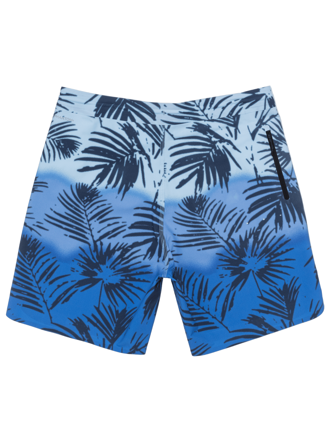 Blue swim shorts with black palm leaf pattern on a white background