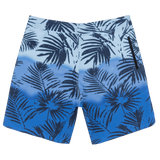 Blue swim shorts with black palm leaf pattern on a white background