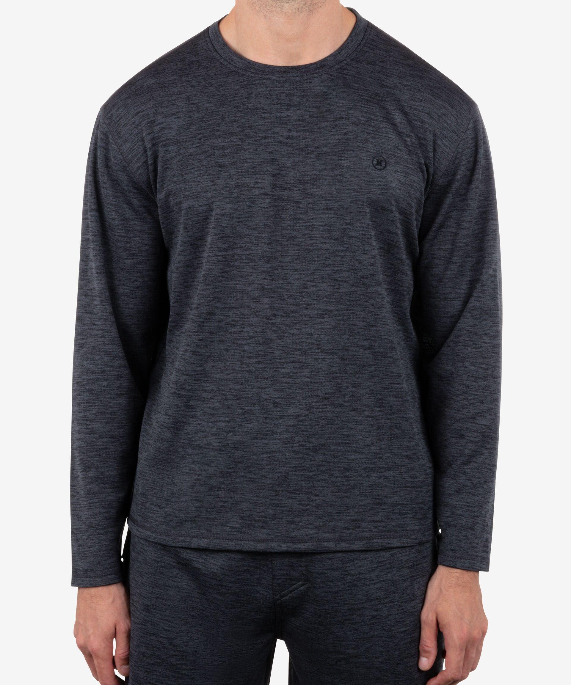 Dark gray long-sleeve shirt worn by a person on a white background
