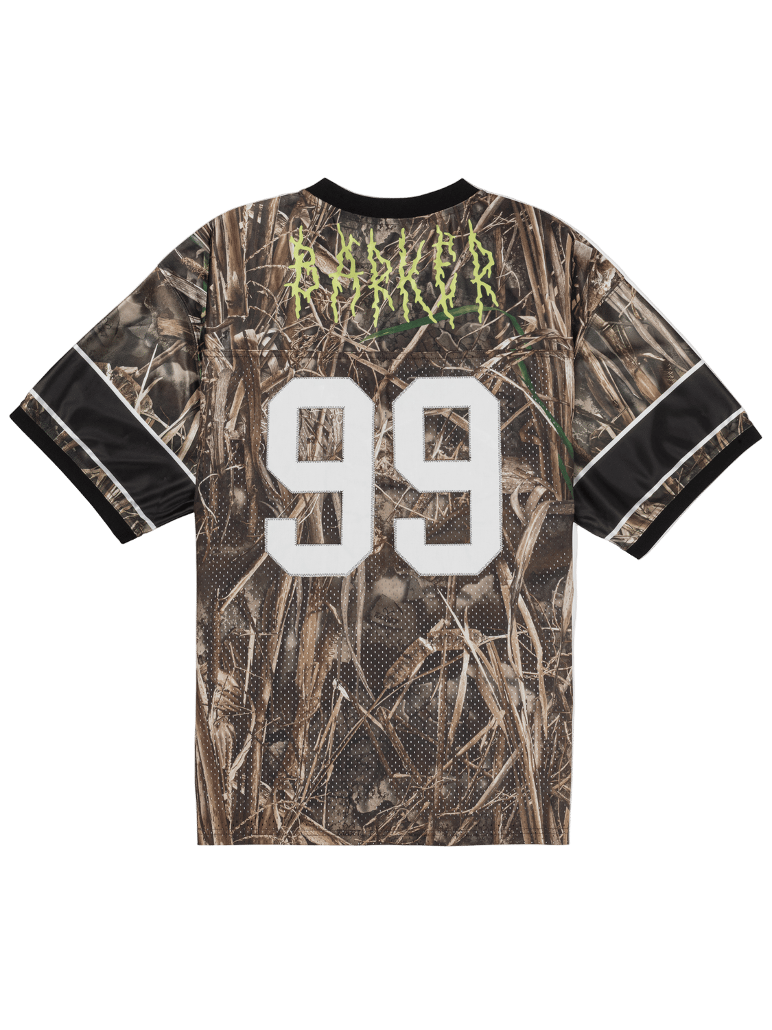 Camouflage jersey with number 99 and brand logo on a white background