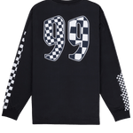 Black long-sleeve shirt with checkered '99' design on a white background