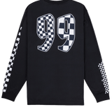 Black long-sleeve shirt with checkered '99' design on a white background