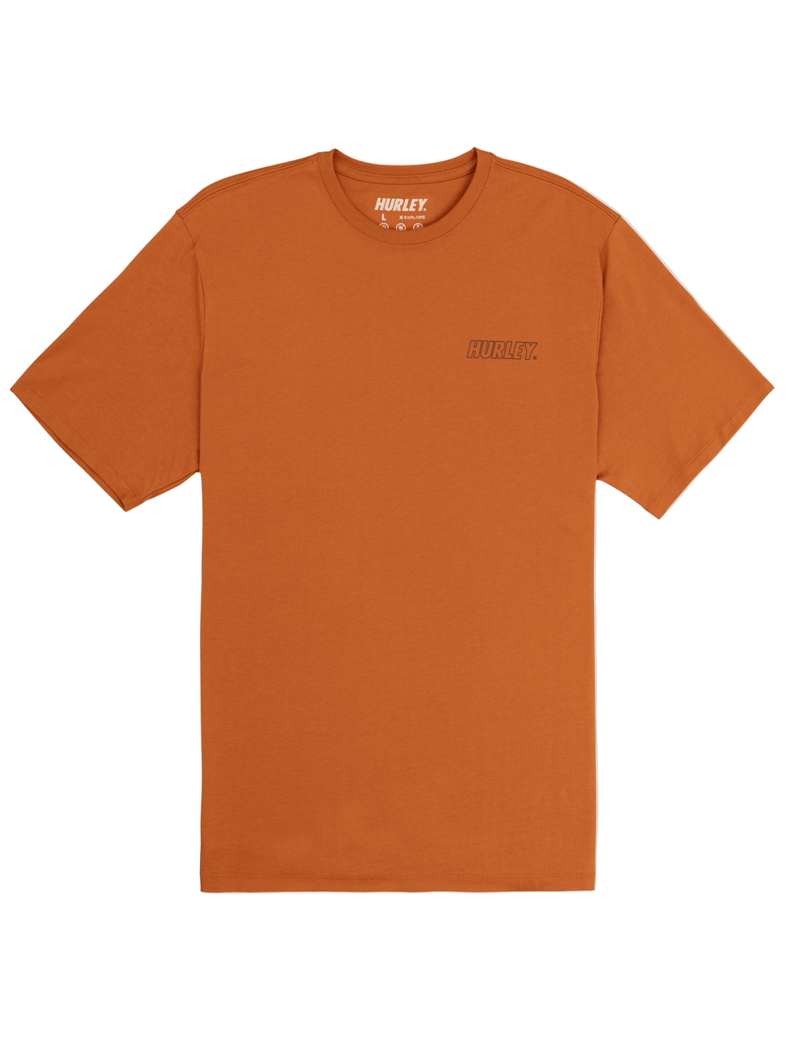 Orange t-shirt with a brand logo on a white background