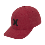 Red cap with a black logo on a white background