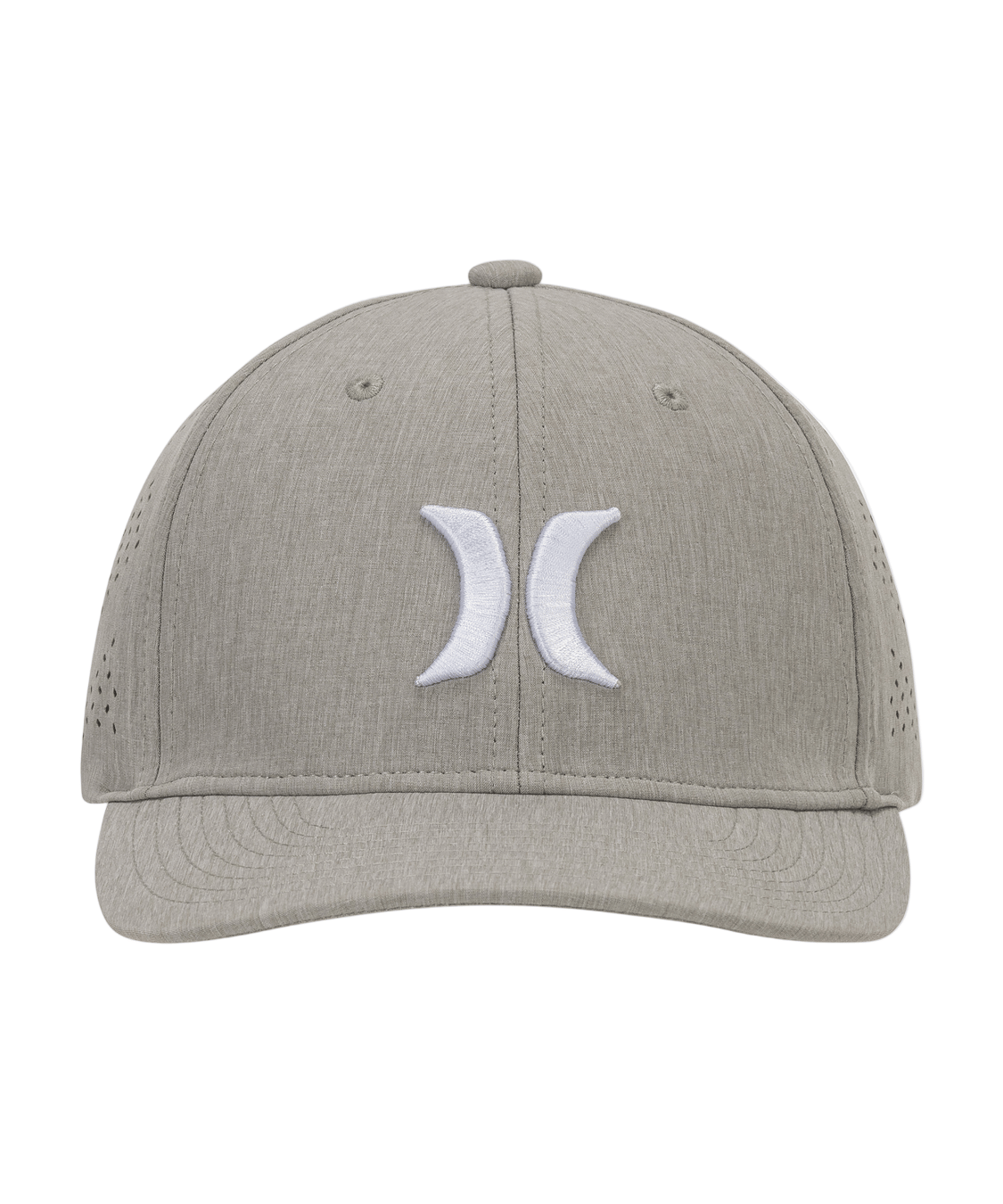 Gray cap with a white logo on a white background