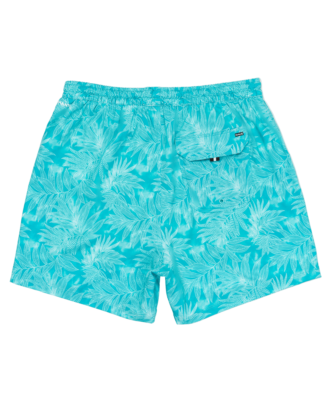 Turquoise swim shorts with leaf pattern on a white background