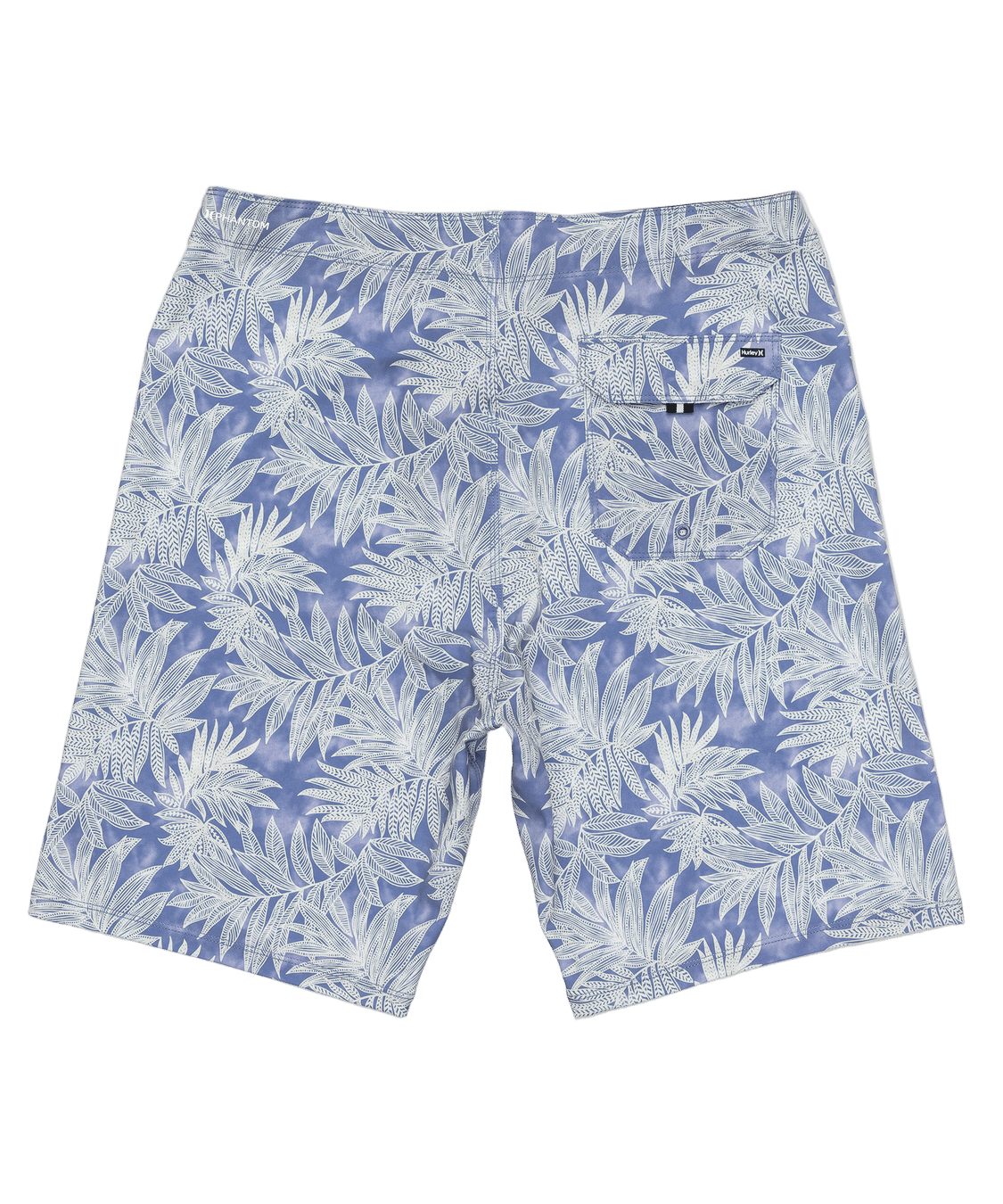 Blue shorts with white leaf pattern on a white background
