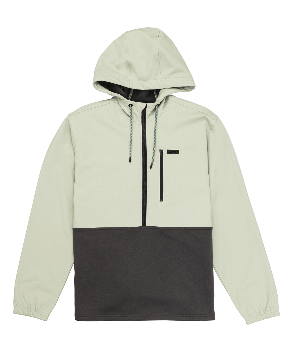 Light green and black hooded jacket on a white background