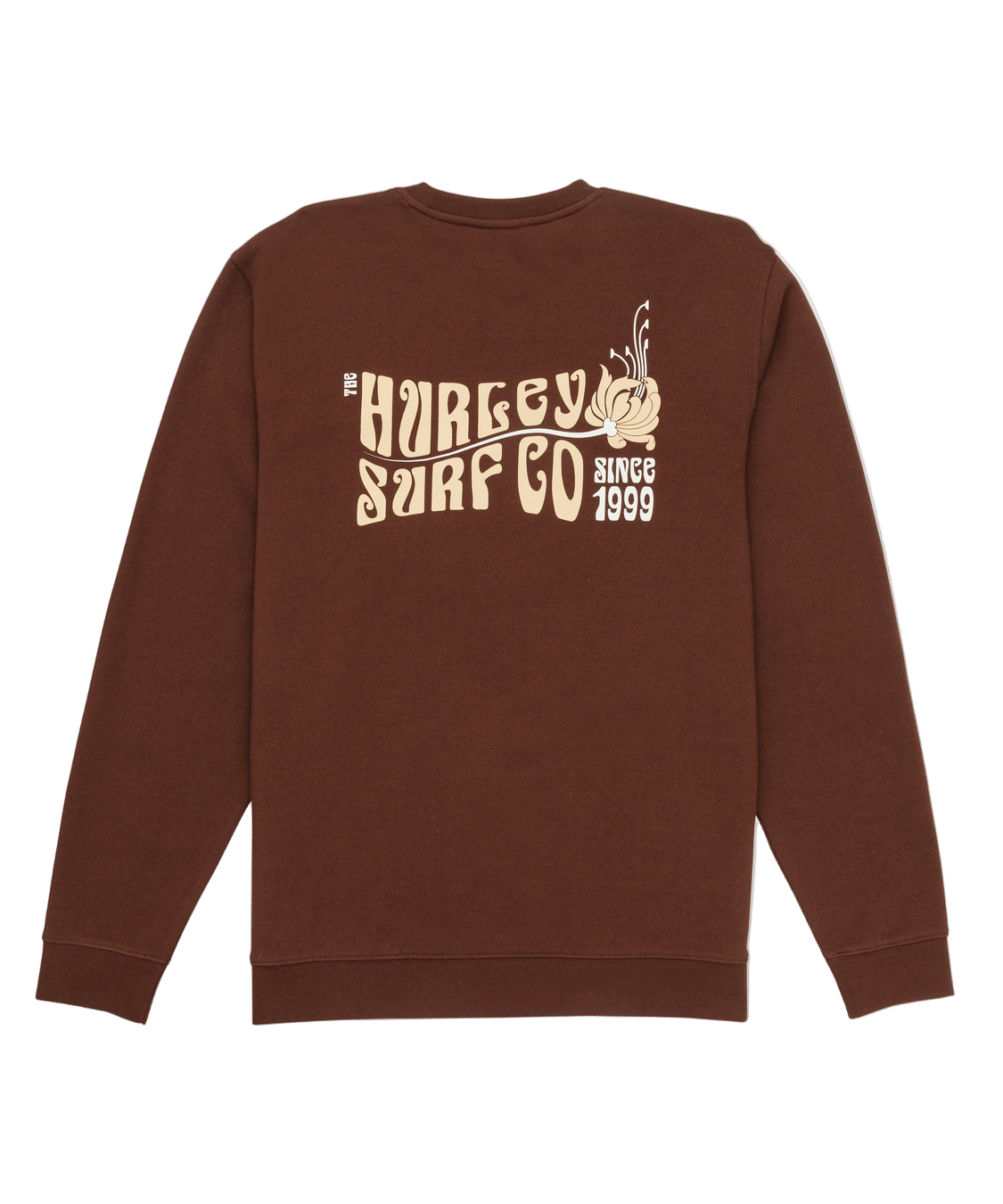 Brown sweatshirt with 'The Hurley Surf Co' logo on a white background