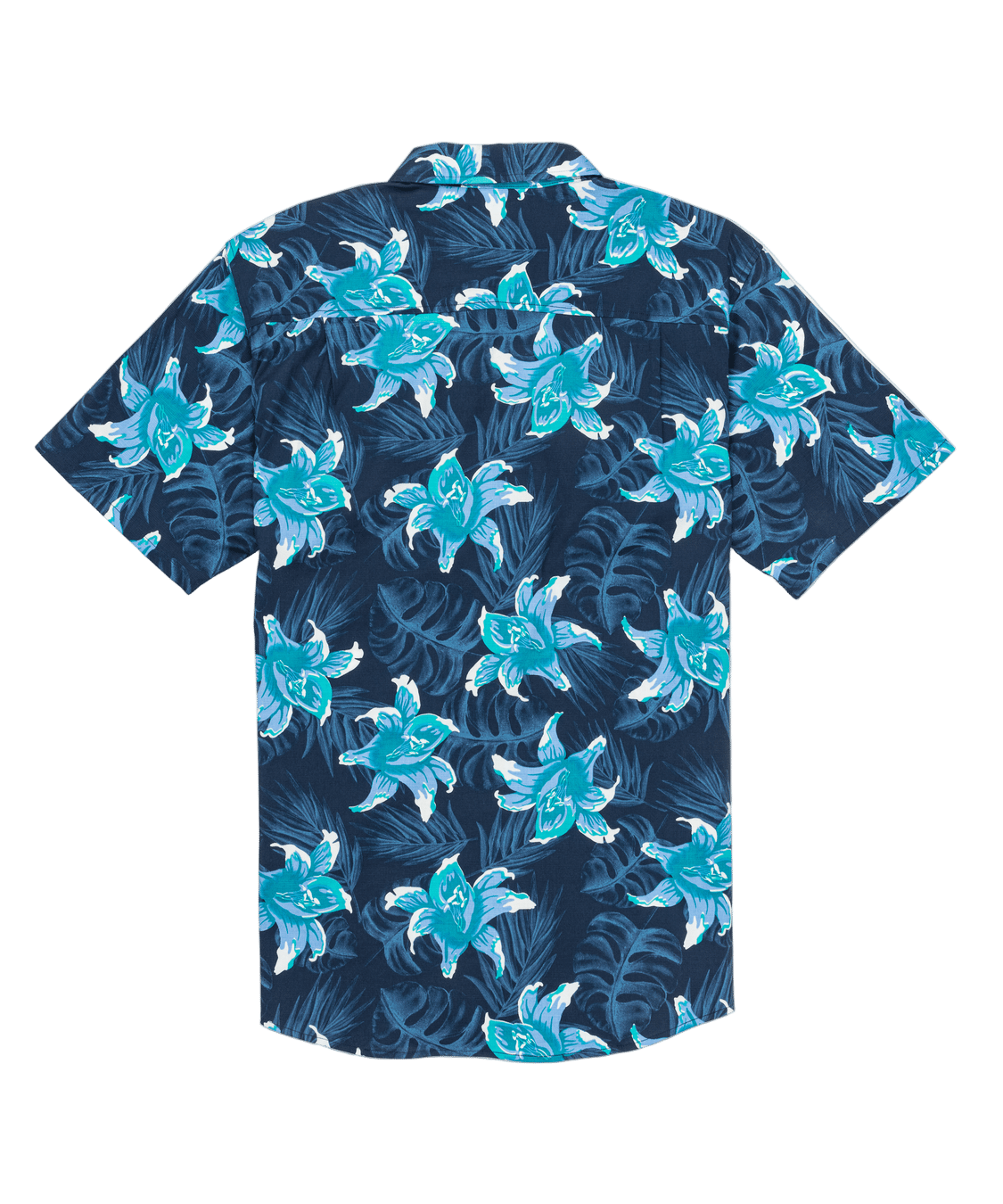 Navy blue shirt with turquoise turtle and leaf pattern on a white background
